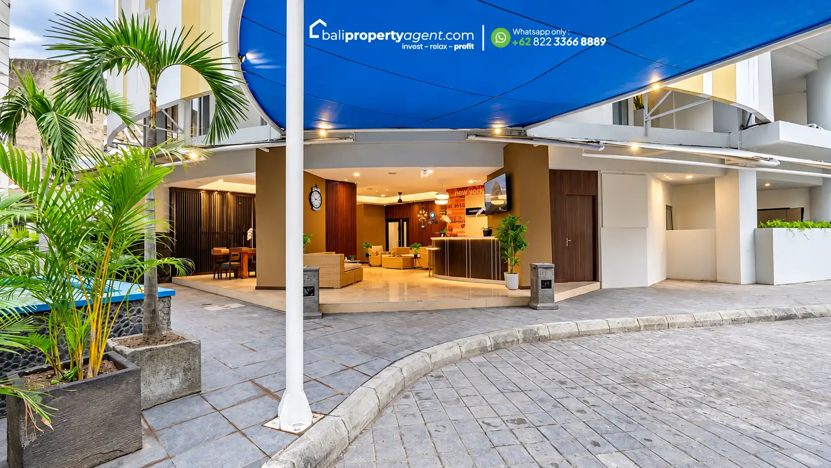 Modern Blue Canopy Hotel Entrance balipropertyagent.com